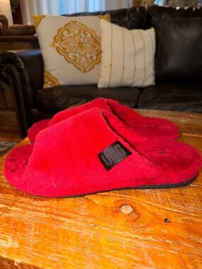 UGG Red Plush Slide Slippers with Black Logo Patch
